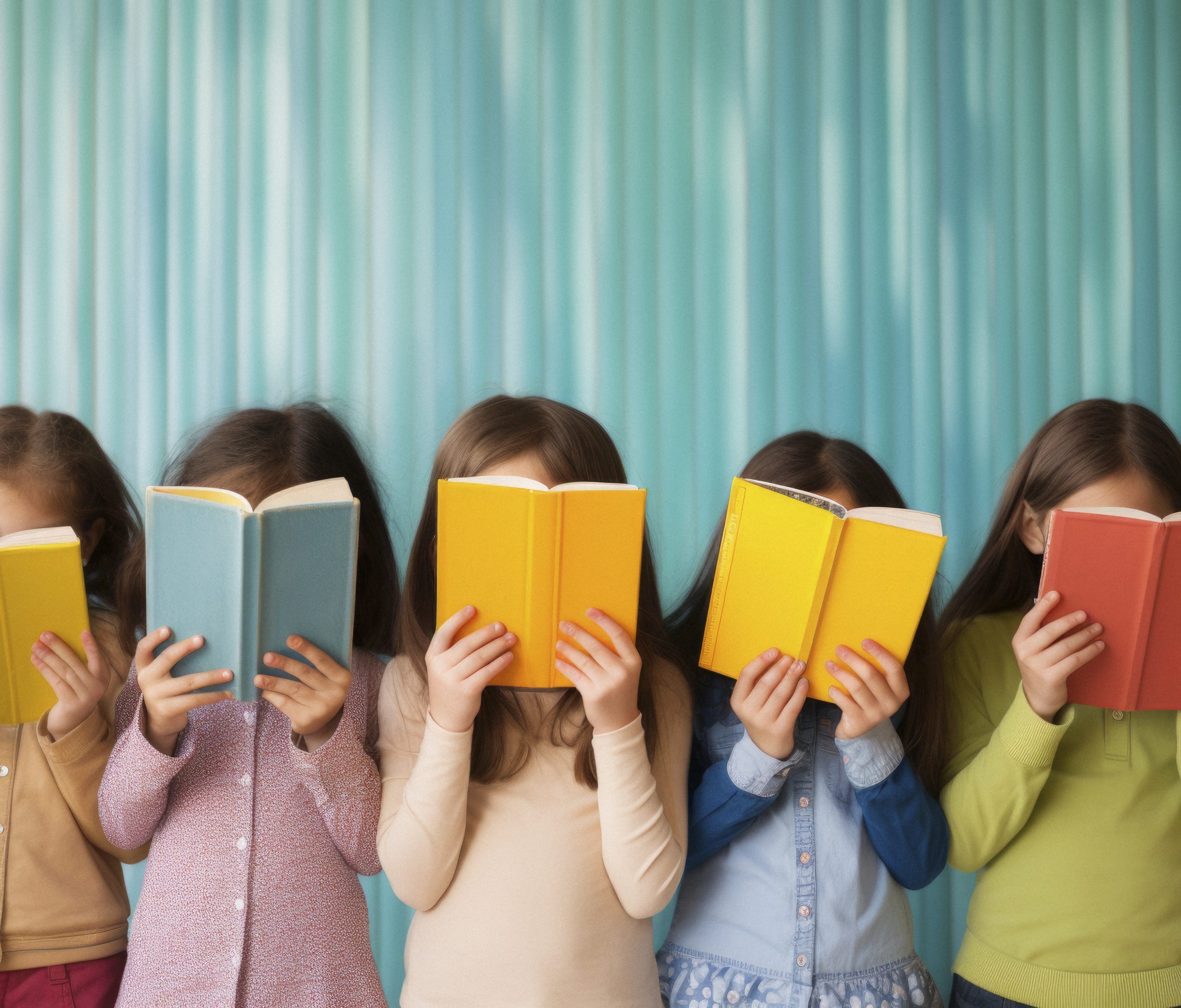 a group of children wearing colorful book covers covering their eyes, in the style of light yellow and light emerald, suburban ennui capturer, creative commons attribution, uhd image --ar 76:51 --v 5.2 Job ID: ff1ca2fa-ef6b-4e53-8e0a-2355f86def16